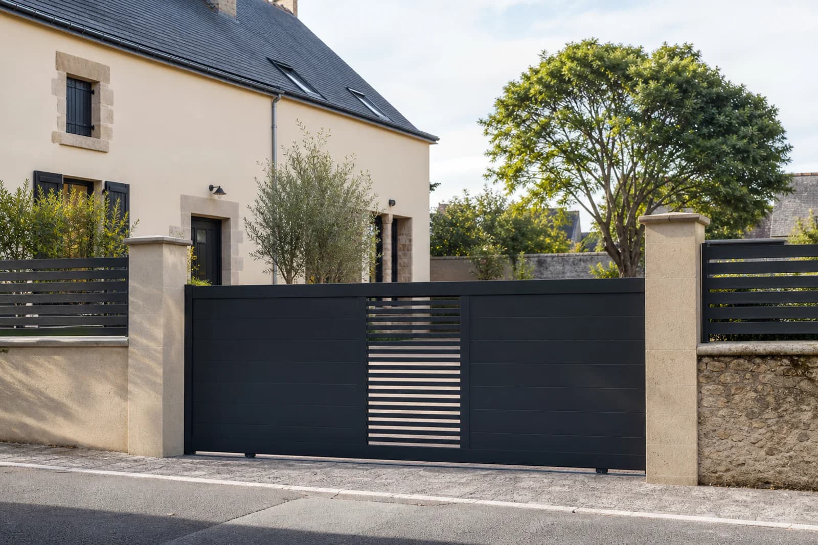 Portail et clôture contemporains intégrés à l’entrée d’une maison