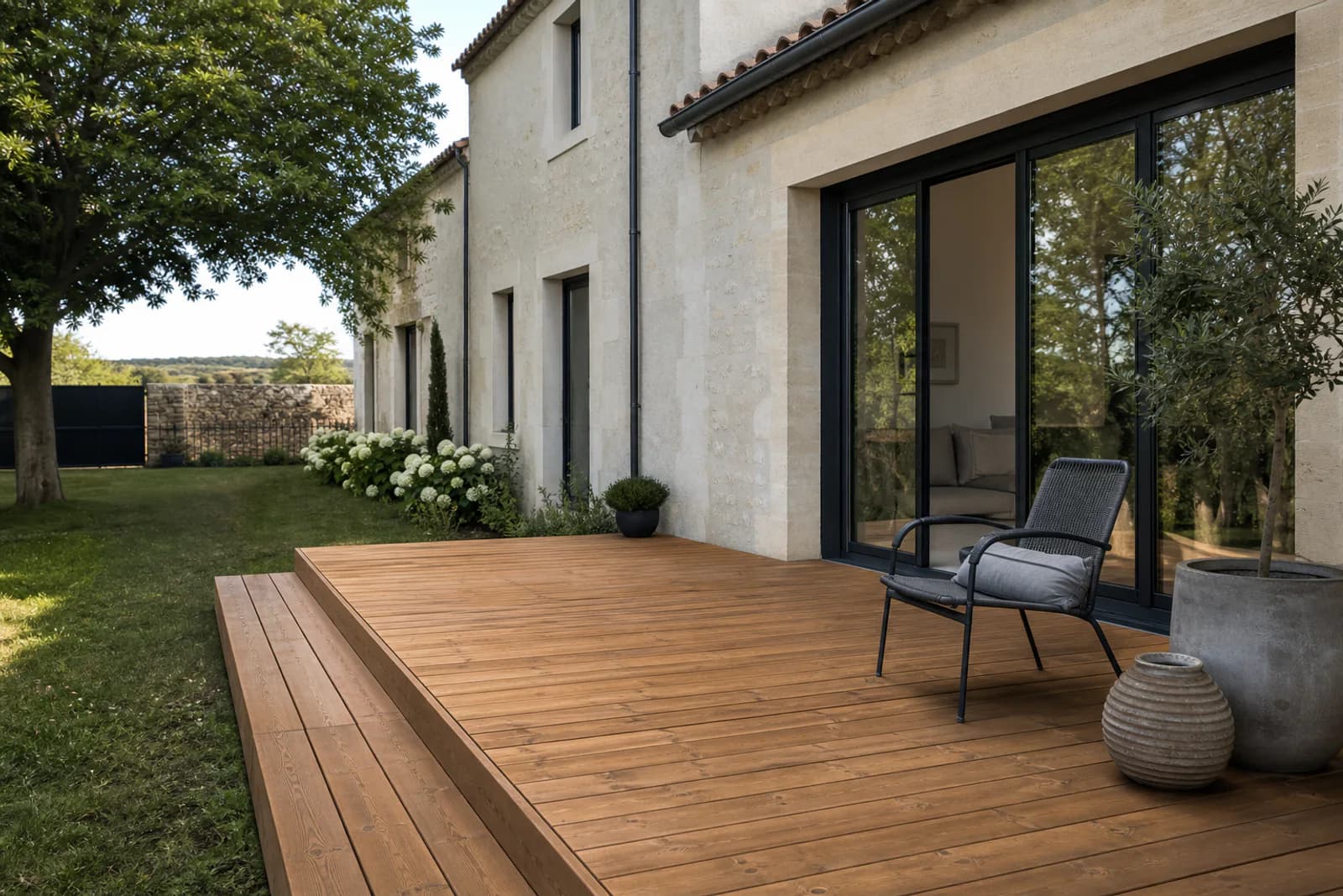 Terrasse contemporaine en lames de bois prolongeant une maison
