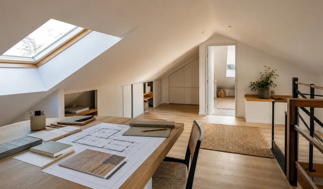 Vue illustrative de la préparation d’un aménagement intérieur de combles avec plan, échantillons et espace sous pente