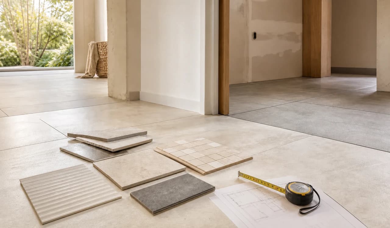 Vue illustrative de la préparation d’un projet de carrelage avec échantillons, raccords de sols et plan de pose