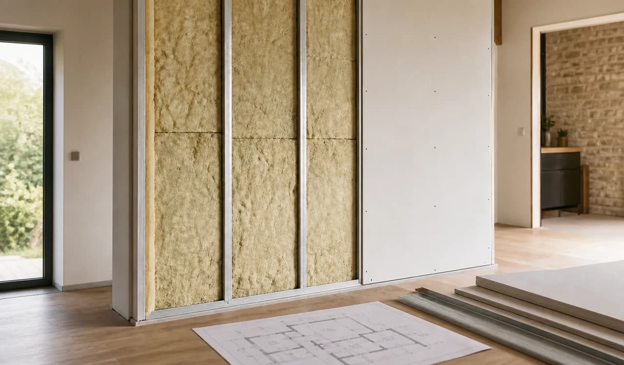 Vue illustrative de la préparation d’une isolation intérieure avec isolant et plan de travaux