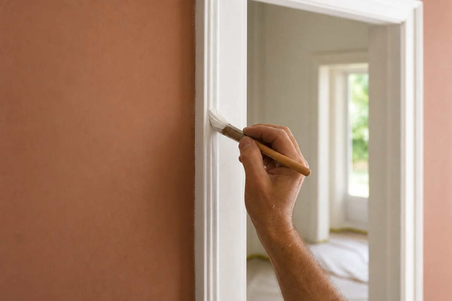 Finition de peinture réalisée avec précision autour d’un encadrement de porte