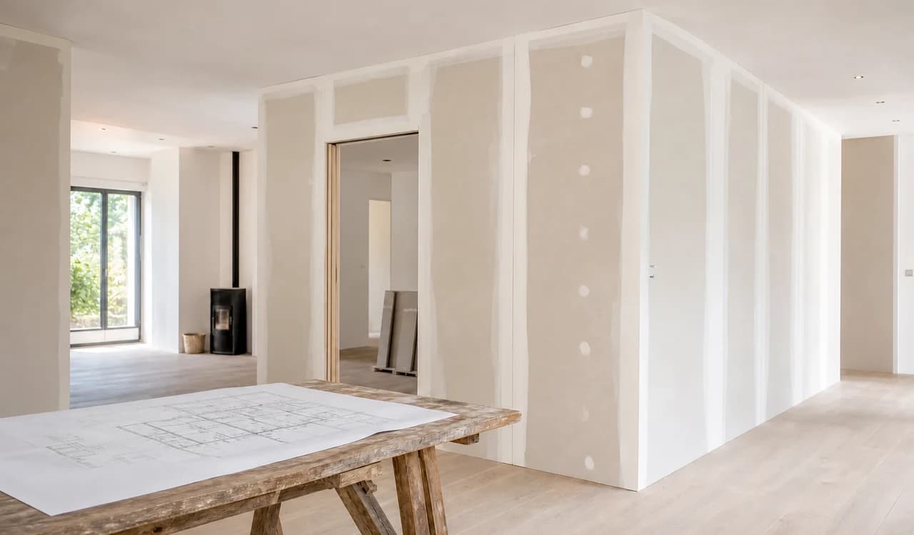Vue illustrative de la préparation de travaux de plâtrerie avec cloison, ouverture et plan d’aménagement intérieur