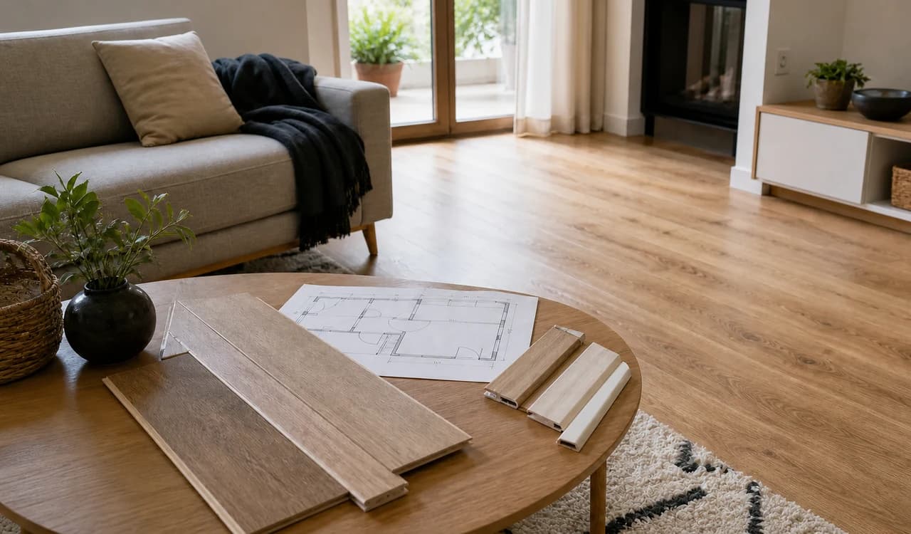 Vue illustrative de la préparation d’une pose de parquet avec lames, plinthes et plan de pièce