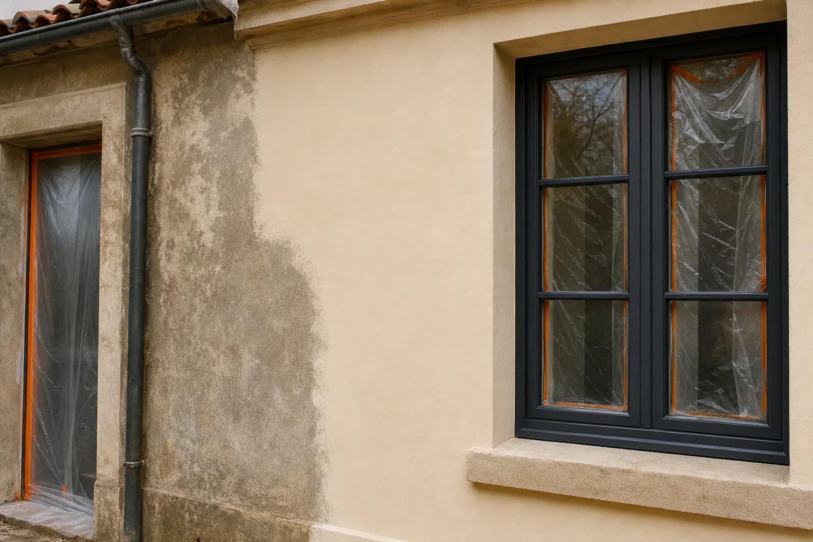 Détail réaliste d’une façade en cours de nettoyage et de rénovation