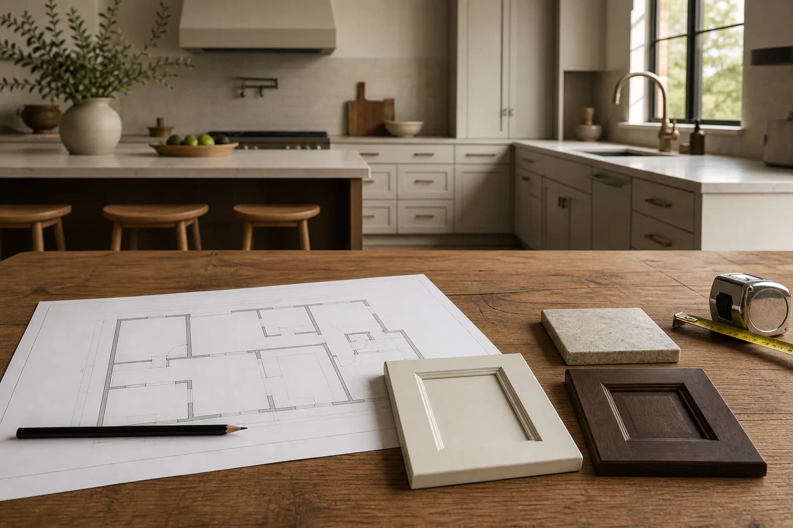 Préparation d’un projet de rénovation de cuisine avec plans et échantillons de matériaux