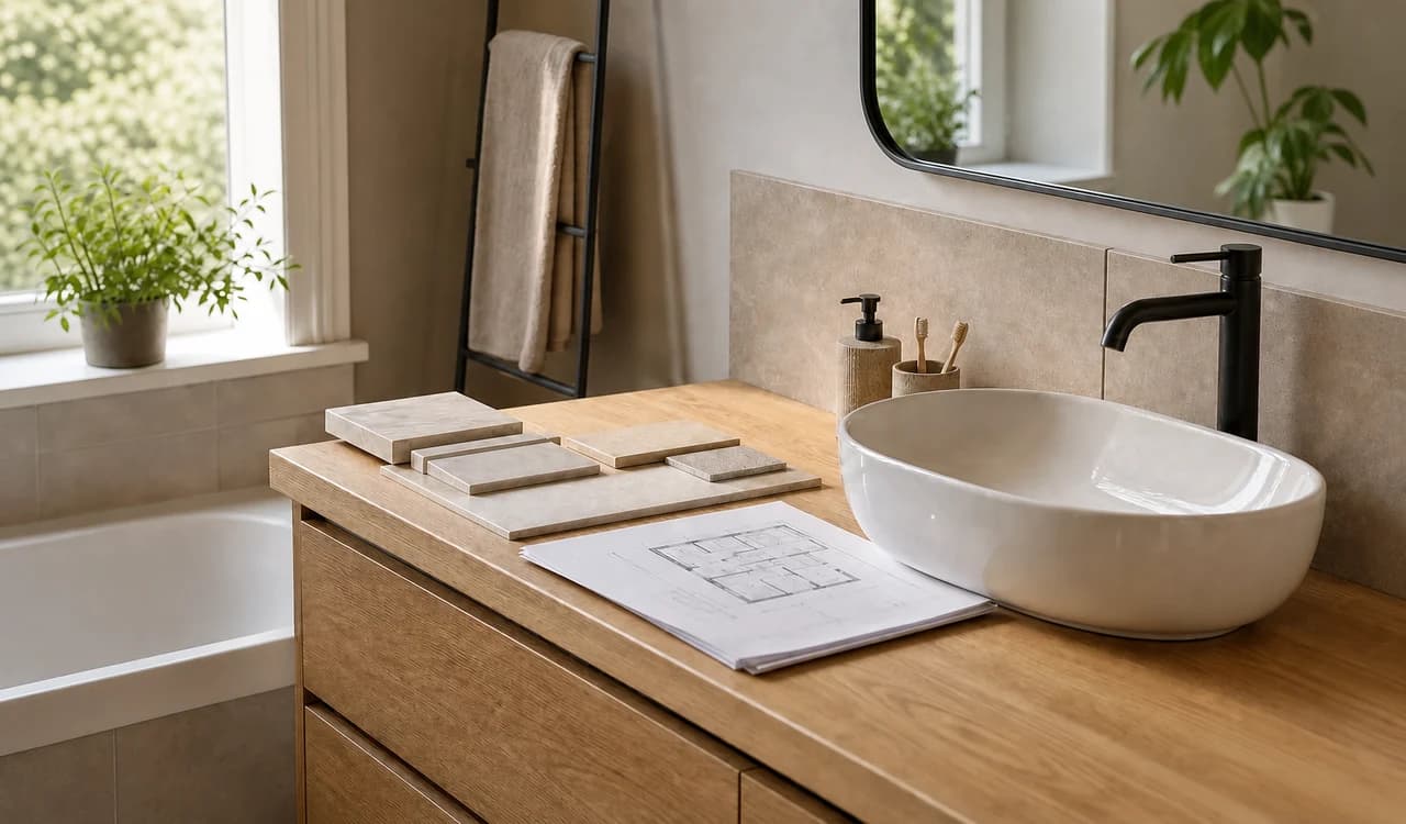 Vue illustrative de la préparation d’un projet de salle de bain avec vasque, plan et échantillons de carrelage