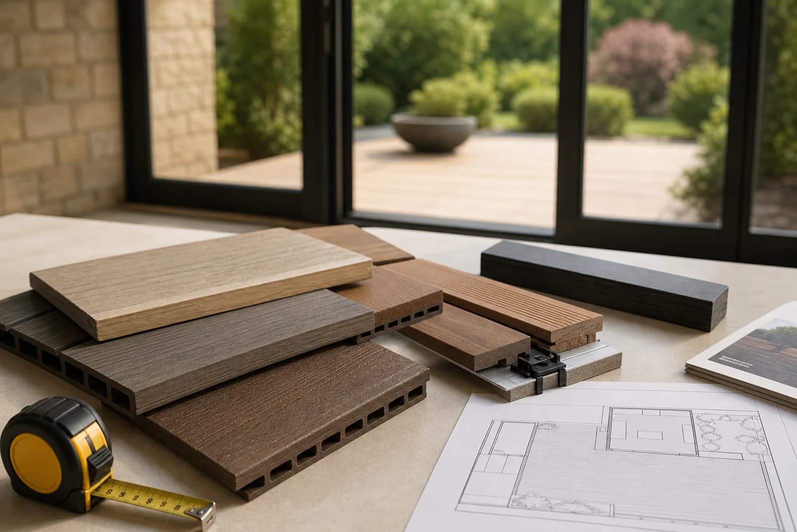 Échantillons de lames et plan préparant une terrasse bois ou composite