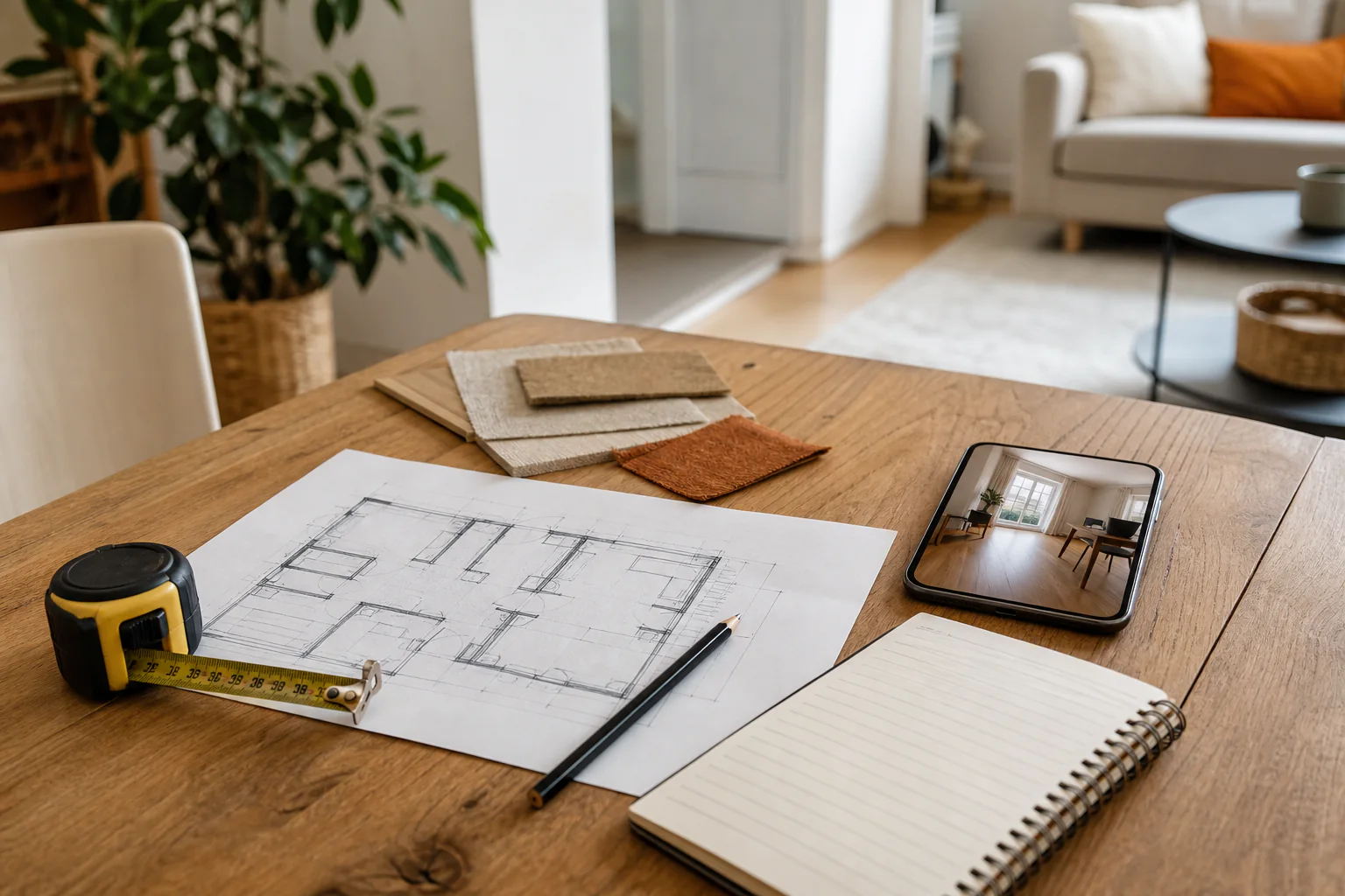 Préparation d’un projet de rénovation intérieure avec plans et échantillons